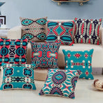 housse coussin imprimée moderne motifs géométriques bleu rouge noir 45x45cm