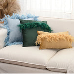 coussin décoratif carré velours pompon plumes patchwork moderne intérieur salon chambre taille 45x45cm