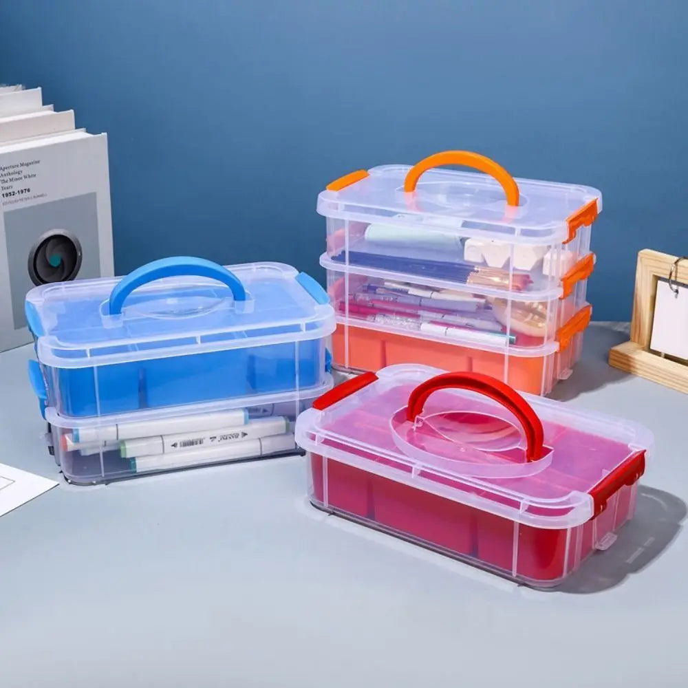 boîte rangement transparente moderne multicolore compartiments réutilisable plastique respectueux environnement poignées détachables