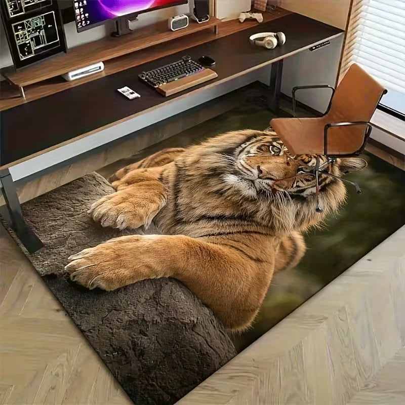 tapis moderne lions animaux salon chambre noir marron beige bleu polyester rectangle