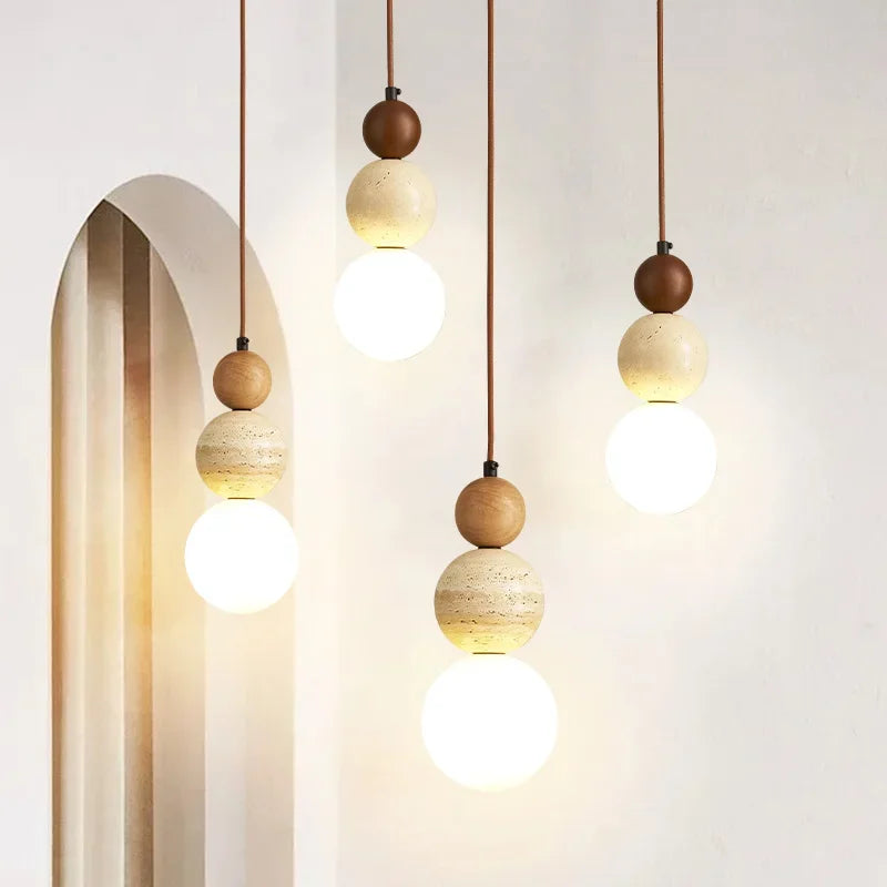 suspension lumineuse moderne pierre bois texture naturelle 3000K marron clair interrupteur bouton LED 90