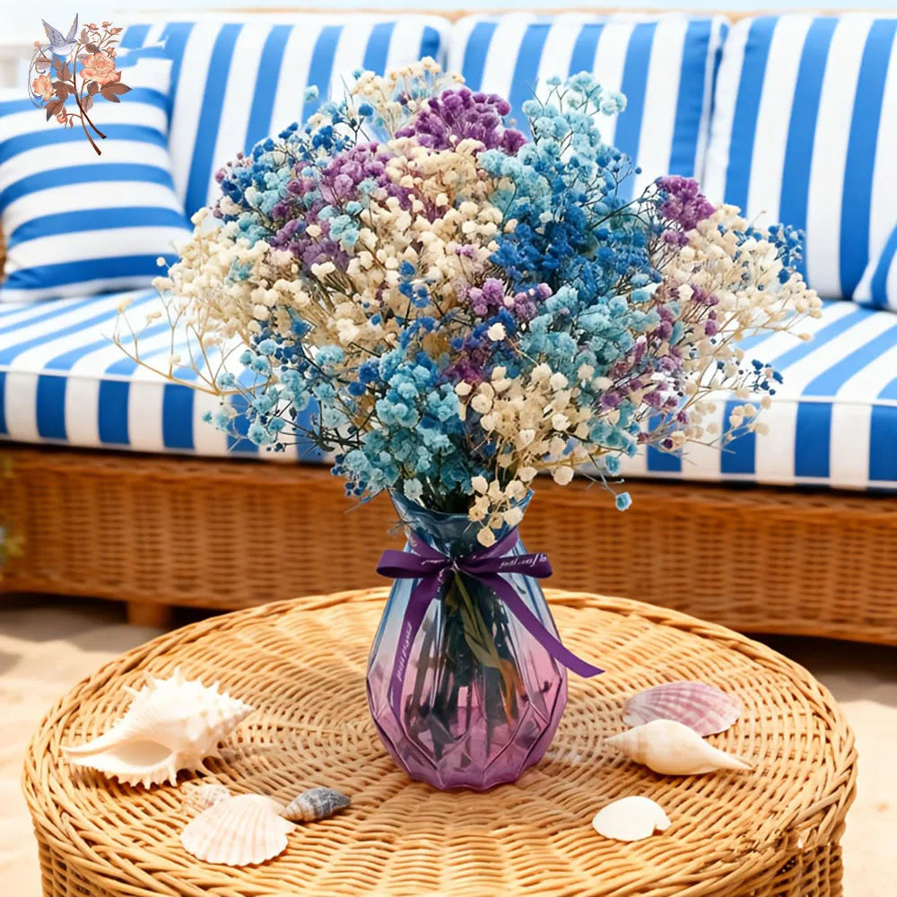 bouquet fleurs séchées violet bleu blanc rose vert vase transparent minimaliste decoration maison
