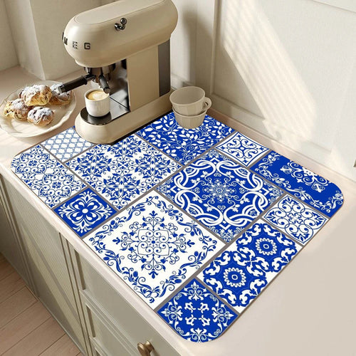 tapis cuisine gris motif géométrique noir blanc antidérapant absorbant séchage vaisselle moderne intérieur
