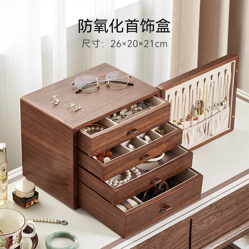 coffret bijoux bois marron tiroirs poignées dorées rangement moderne minimaliste