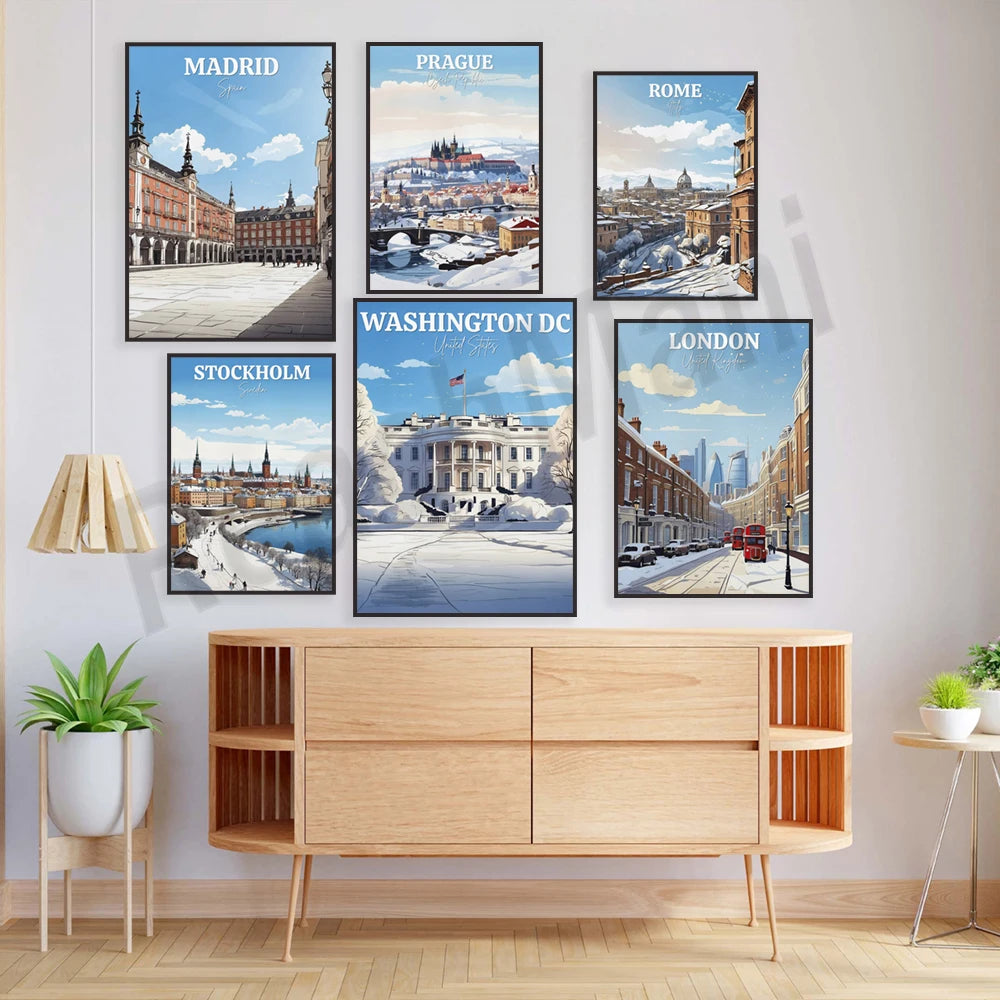 Cette image présente une collection de six affiches de villes européennes et de Washington, D.C., offrant un aperçu des principaux sites touristiques de ces destinations.