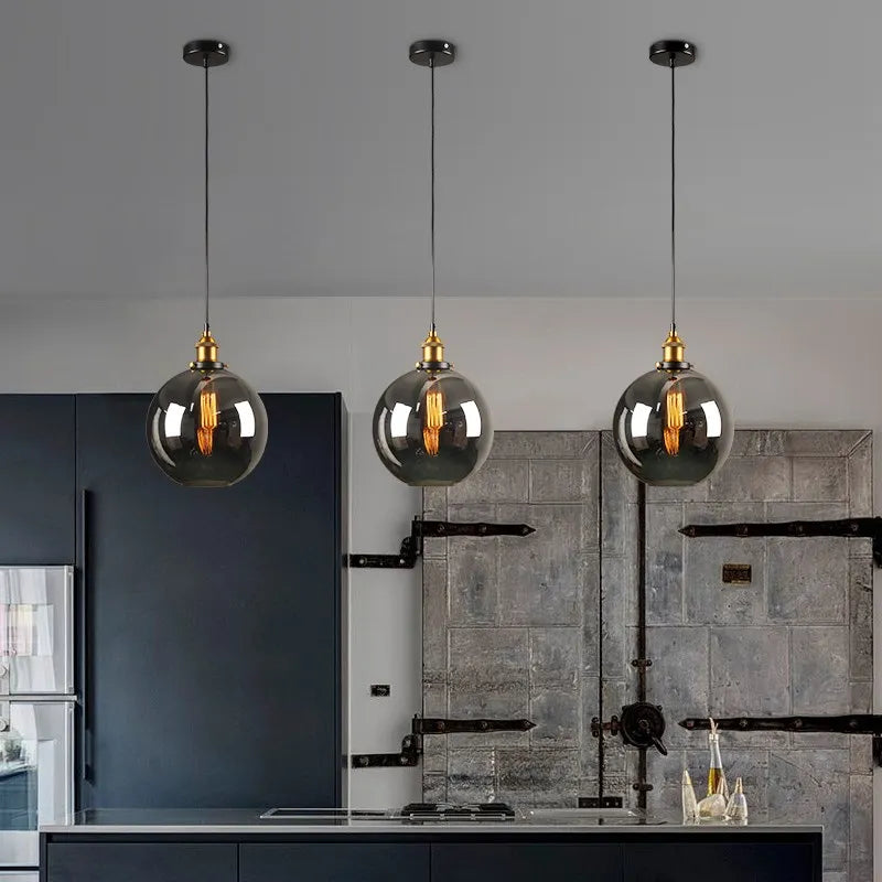Lampe suspendue industrielle vintage en verre gris clair