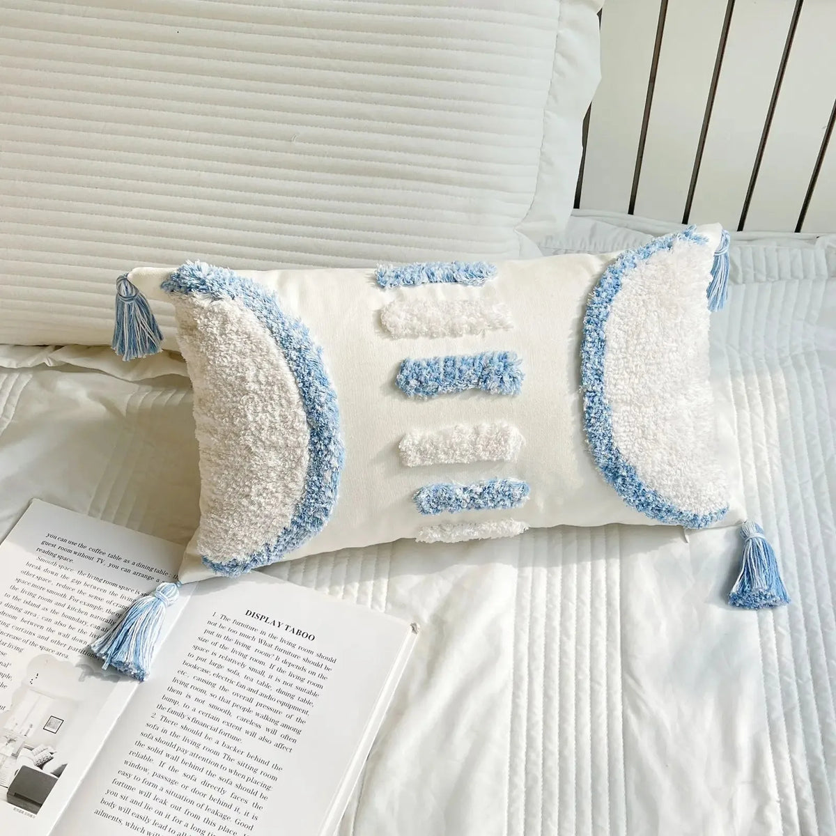 coussins bohèmes 3d franges taies d'oreiller décoratives géométriques brodés moderne blanc bleu clair polyester