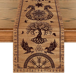 Cette image décorative présente des motifs et symboles traditionnels scandinaves, notamment un arbre de vie, des oiseaux et des runes, sur un fond en bois clair.