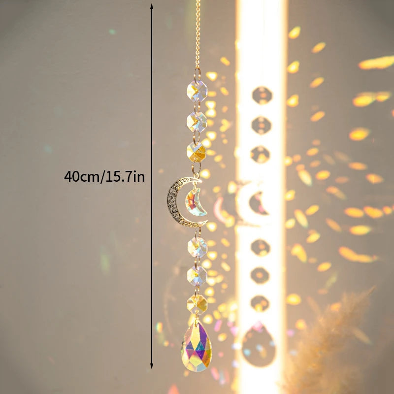 pendentif boho cristal multicolore soleil lune étoiles cosmique or argent