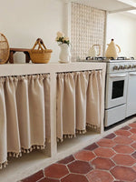 rideau cuisine beige classique 100 polyester opaque franges 30 70 90 cm