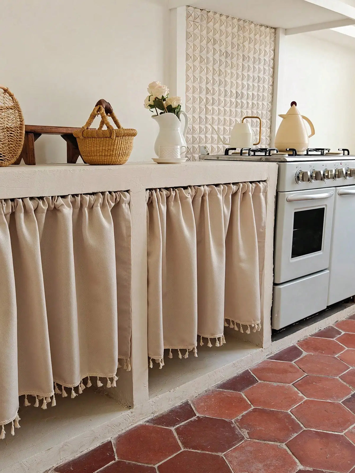 rideau cuisine beige classique 100 polyester opaque franges 30 70 90 cm