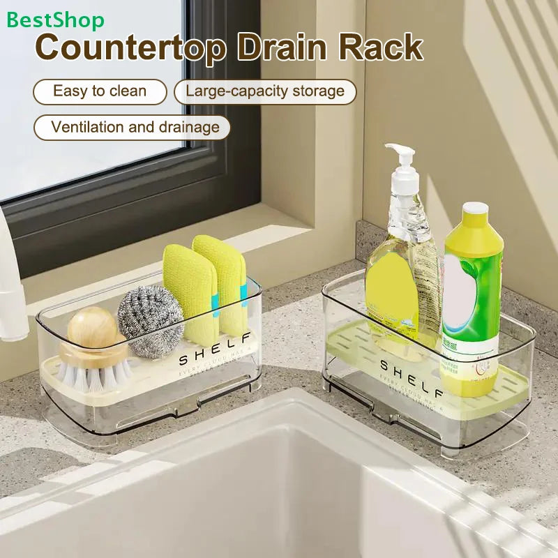 rangement évier transparent moderne éponge savon nettoyage étagère drainante minimaliste