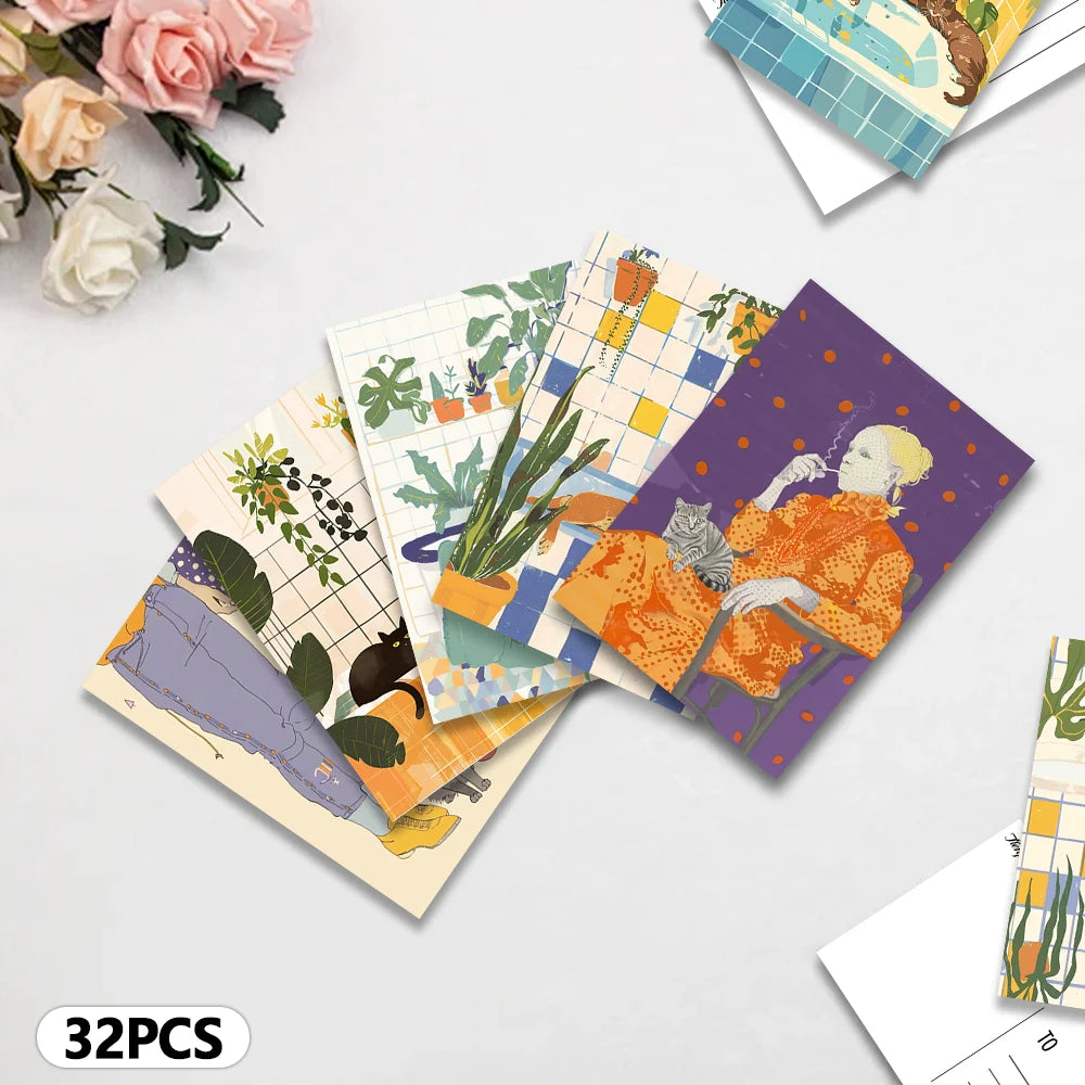cartes postales multicolores illustrations modernes personnages animaux plantes géométriques carte