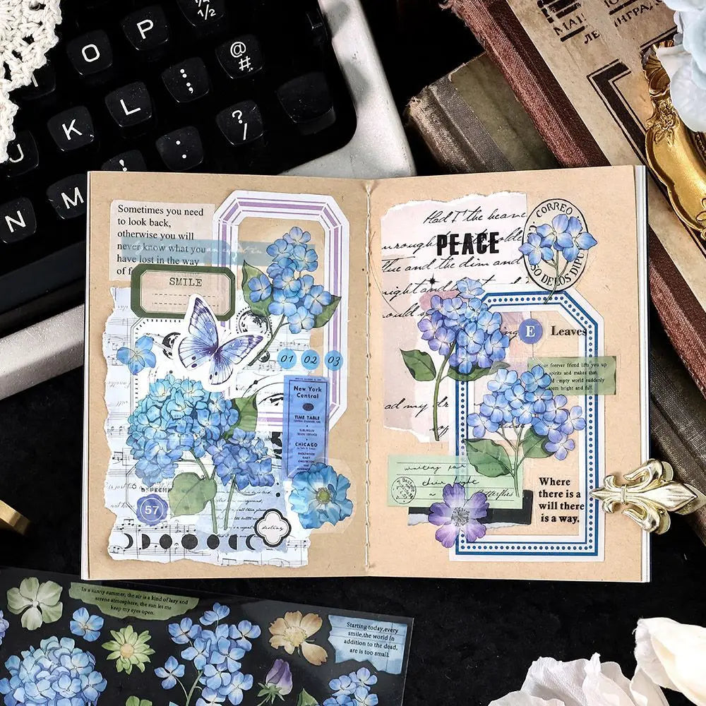 autocollants fleurs papillons texte vintage romantique bleu rose marron blanc pièces