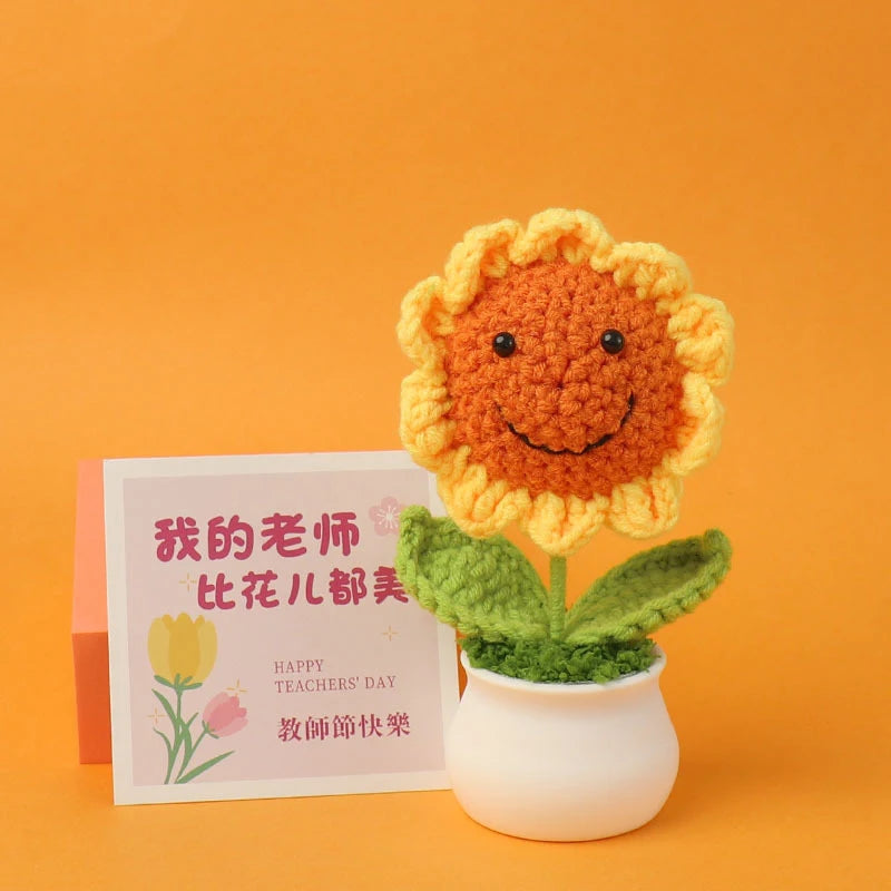 fleurs crochet jaune rose multicolore pot plastique feuilles vertes decoration maison creative enfantine