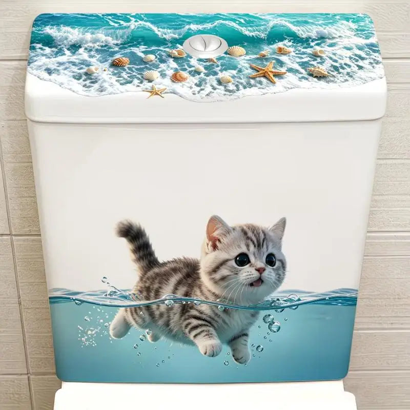 sticker decoratif chat nageur bleu blanc couvercle toilette adhésif amovible maison humoristique