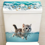 sticker decoratif chat nageur bleu blanc couvercle toilette adhésif amovible maison humoristique