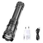 lampe torche noire led rechargeable ultra lumineuse zoom modulations haute puissance texturée moderne robuste