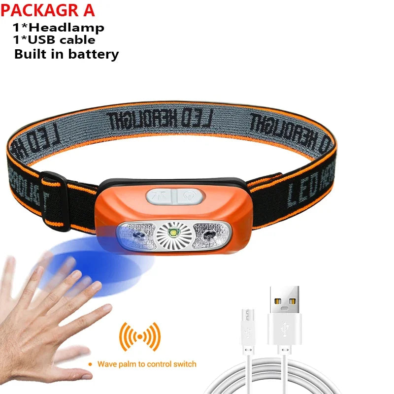 lampe frontale rechargeable led camping pêche urgence vert orange sensor black moderne pratique