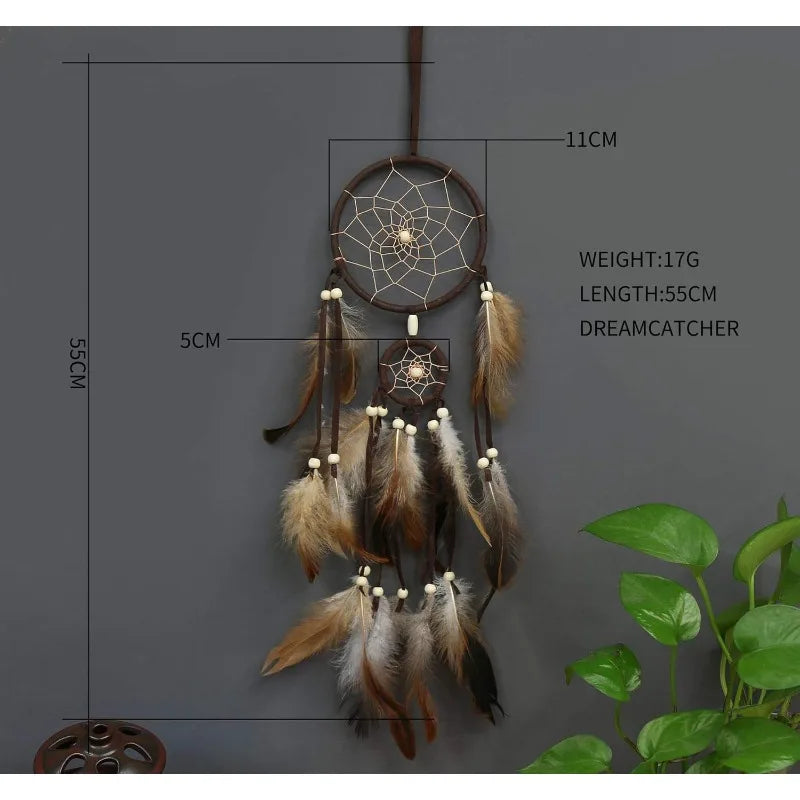 attrape rêves traditionnel plumes marron toile filet décoration chambre artisanal