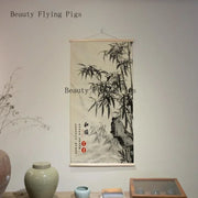 parchemin decoratif bambou montagne calligraphie chinoise elements floraux abstraits cadre bois opaque asi