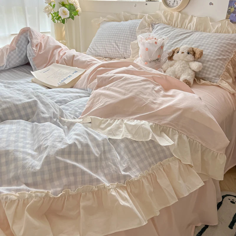 ensemble literie princesse housse couette taies oreiller carreaux rose gris volants dentelle douce