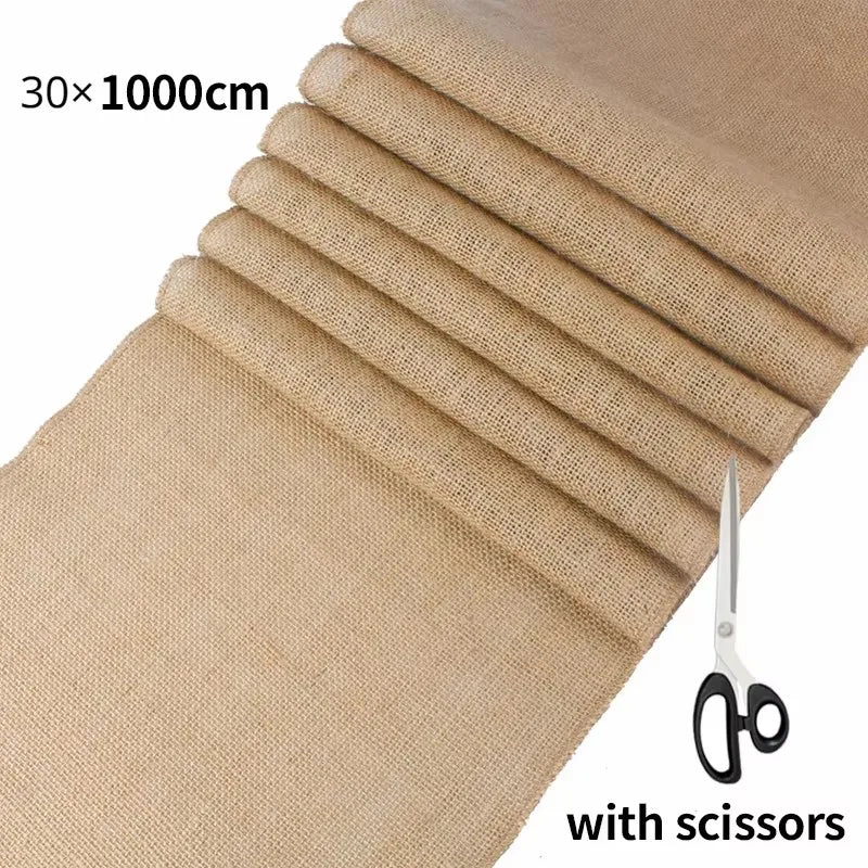 nappes table jute naturelle rustique beige marron blanc texture grossière événements mariage décoration chaises
