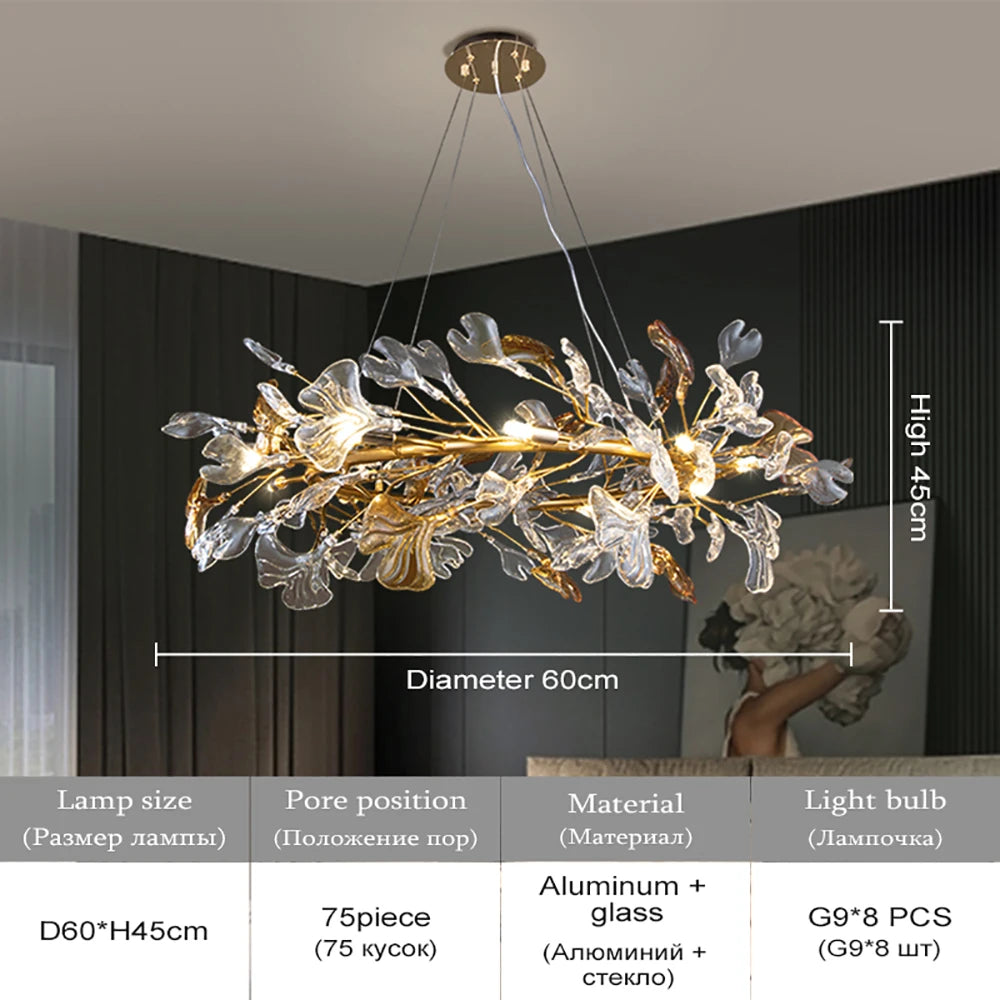 lampe suspendue contemporaine feuilles stylisées doré transparentes chaînes salon chambre 4500k 3000k 6000k