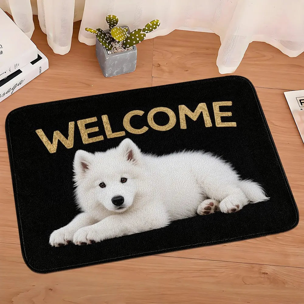 tapis d'entrée moderne chien blanc welcome noir géométrique antidérapant flanelle PVC