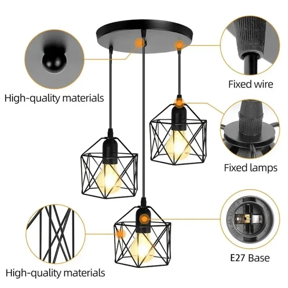suspension lumineuse industrielle noir grille géométrique opacité ampoules e27