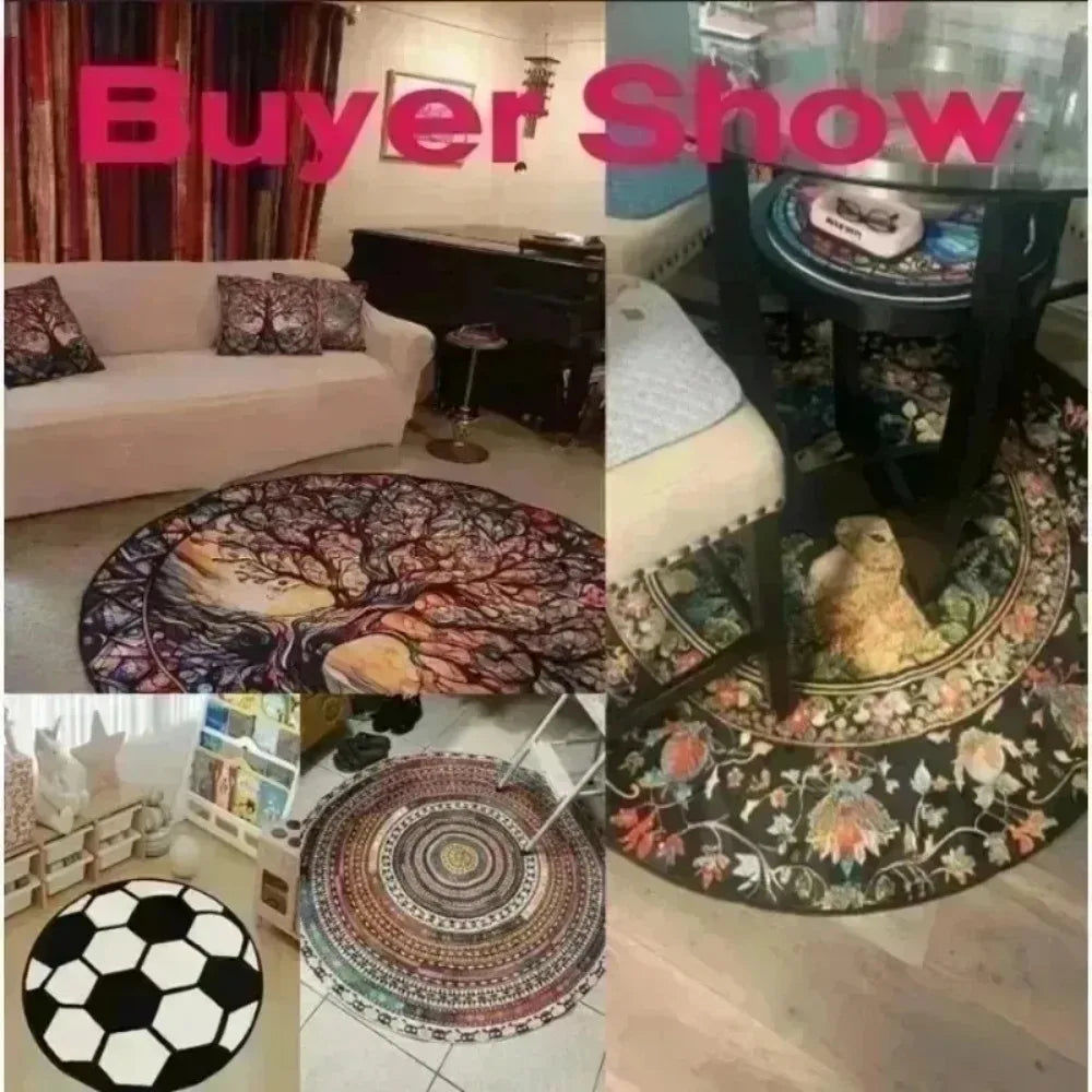 tapis rond moderne pentagramme symboles astrologiques noir jaune rose blanc salon chambre salle bain
