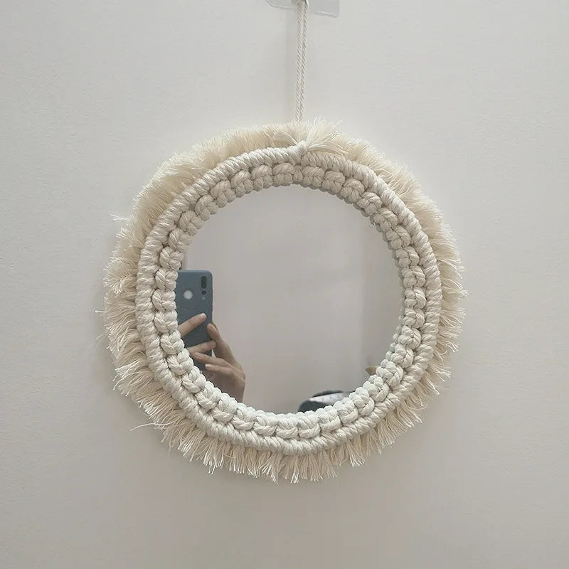 miroir mural rond macramé boho décoration intérieure blanc artisanal salon chambre