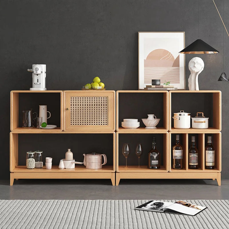 meuble modular bois clair grille moderne poignées vases bougies livres