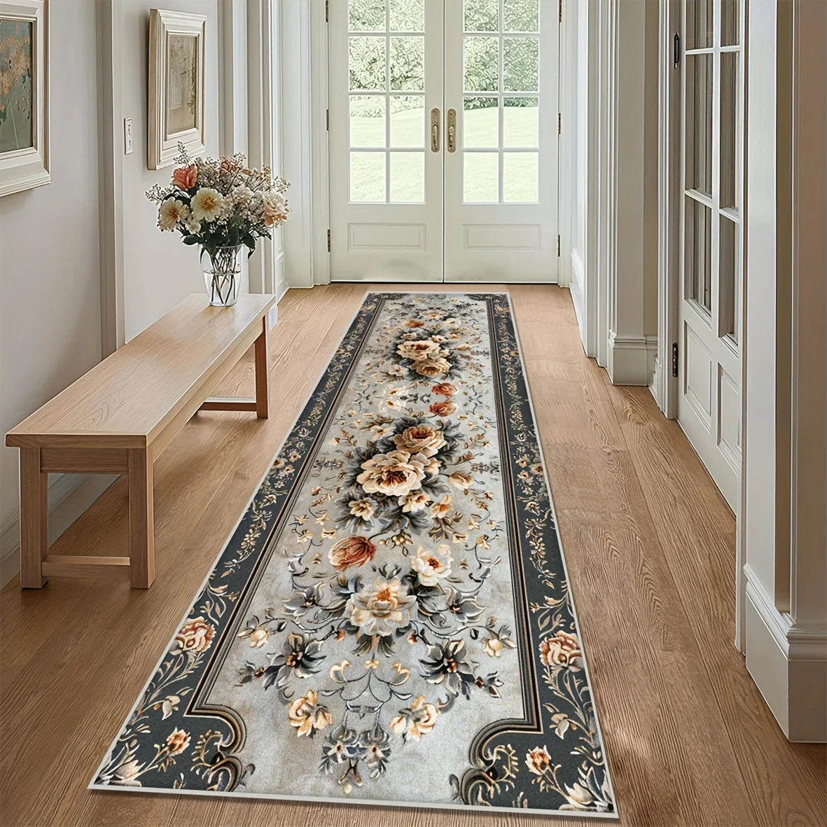 tapis floral velours gris clair bleu marine intérieur salon couloir résistant décoration adultes polyester
