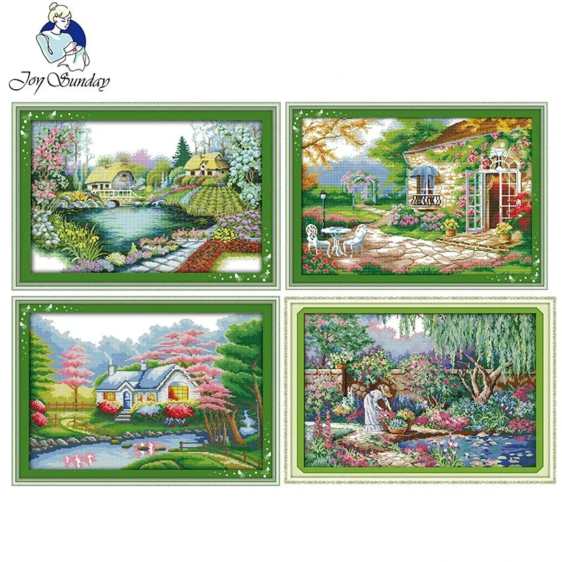toile broder paysage jardin fleurs arbres maison coton peinture moderne enfantsDecoration