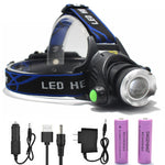 lampe frontale led rechargeable noir bleu rayures diagonales verre transparent mode zoom camping
