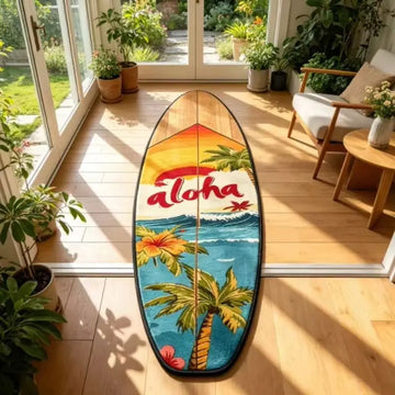 tapis porte motif surf tropical hawaïen antidérapant intérieur salon moderne décor côtier multicolore