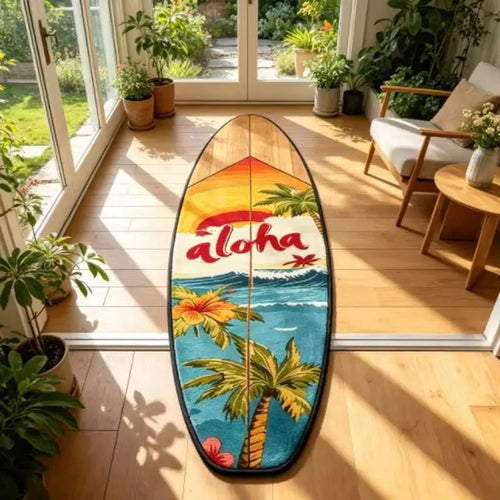 tapis porte motif surf tropical hawaïen antidérapant intérieur salon moderne décor côtier multicolore