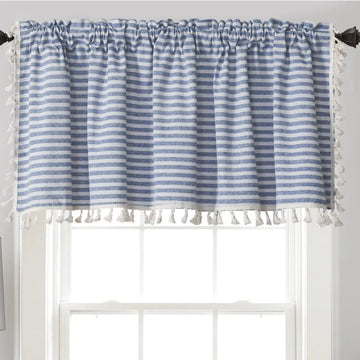 rideau cuisine bleu blanc gris rayures opacité classique pompons horizontal