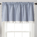 rideau cuisine bleu blanc gris rayures opacité classique pompons horizontal