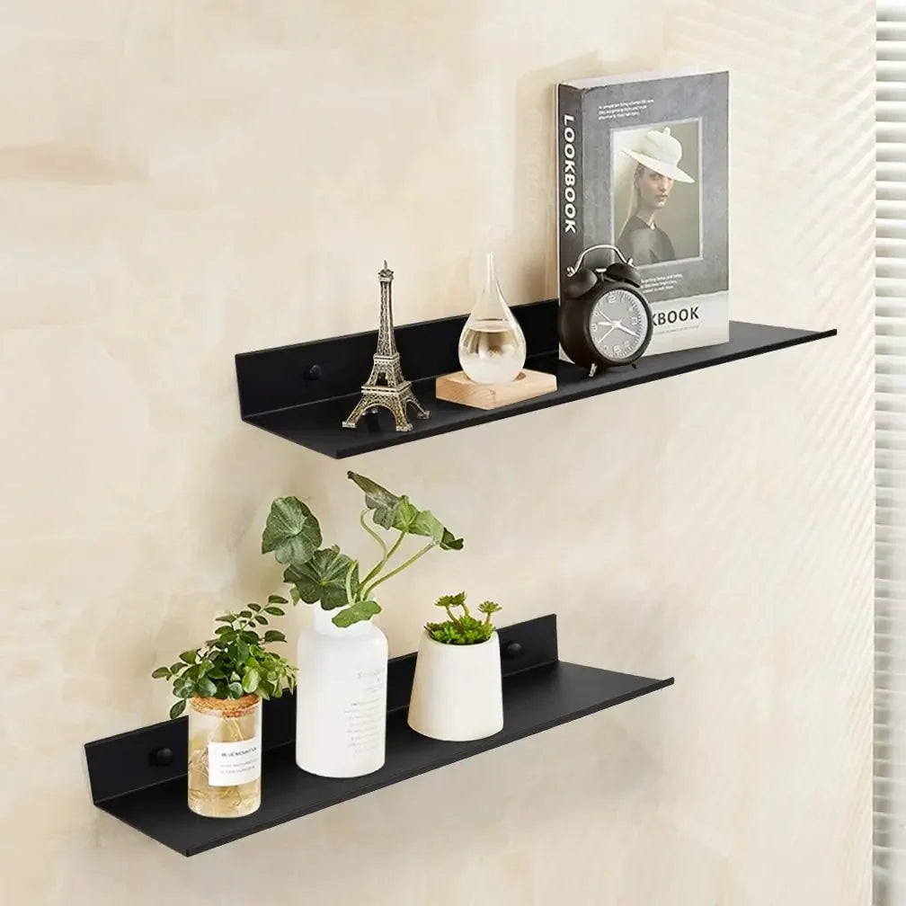 étagères murales modernes minimalistes noir blanc métal space aluminum plantes artificielles livres horloge figurine