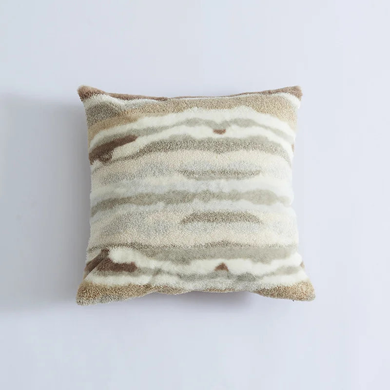 coussins décoratifs moderne peluche rayures horizontales blanc marron clair beige adhésifs