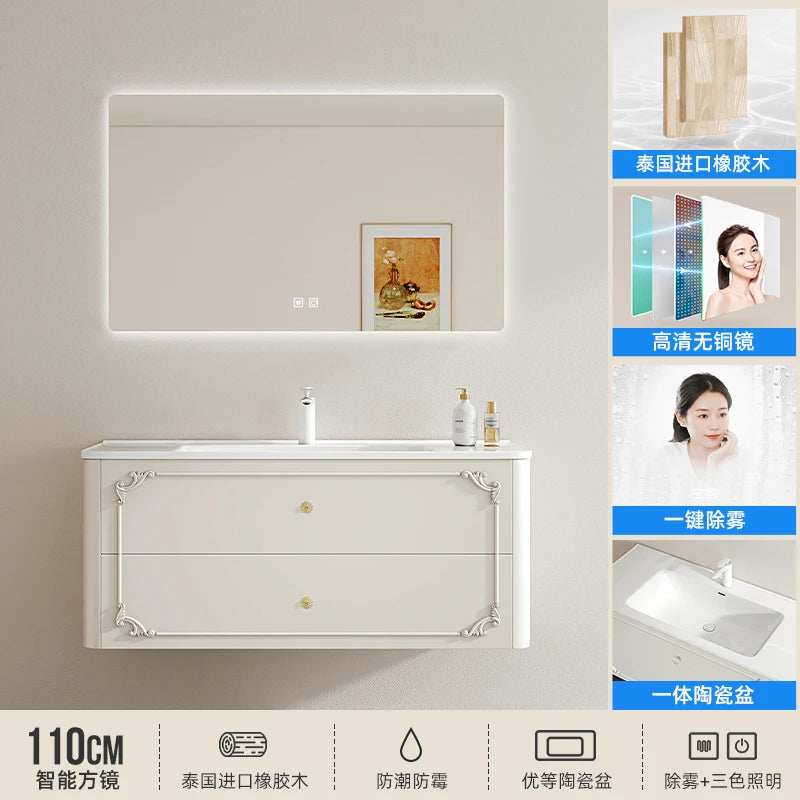 meuble salle bain noir blanc tiroirs vasque ornements dorés classique fixations murales accessoires cosmétiques