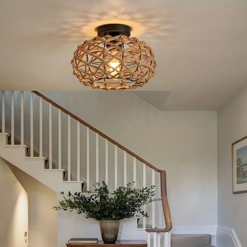 lampe suspendue marron clair tissage corde naturelle rustique boho chic sans ampoule