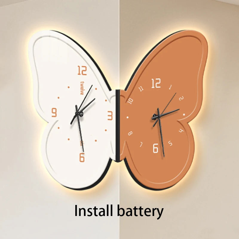 horloge murale moderne aiguille lumineuse papillon noir blanc salon résine