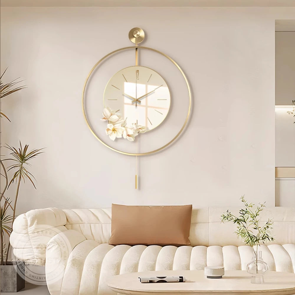 horloge murale moderne élégante fleurs blanches cadran transparent or blanc pendule aiguilles métal porcelain