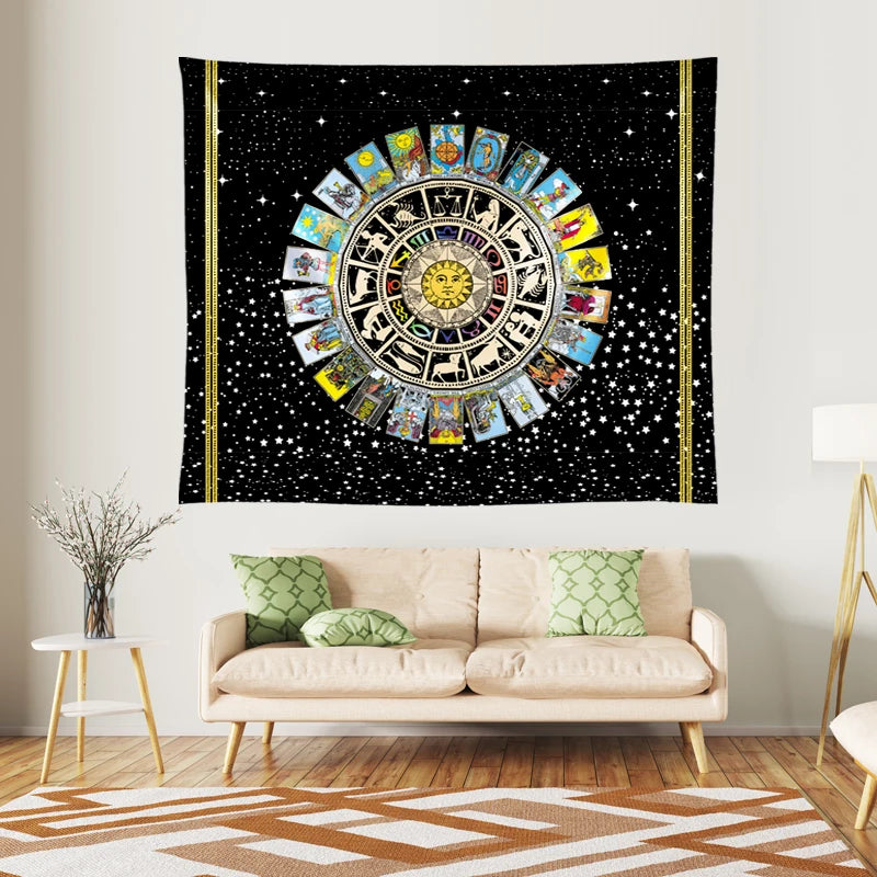 tapisserie zodiaque tarot astrologique noir doré classique chambre décoration muristique bohème