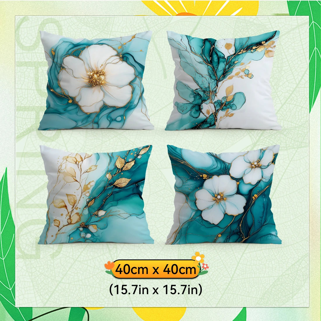 coussin moderne fleurs blanches dorées fond bleu zip invisible 40cm 45cm 50cm