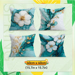 coussin moderne fleurs blanches dorées fond bleu zip invisible 40cm 45cm 50cm