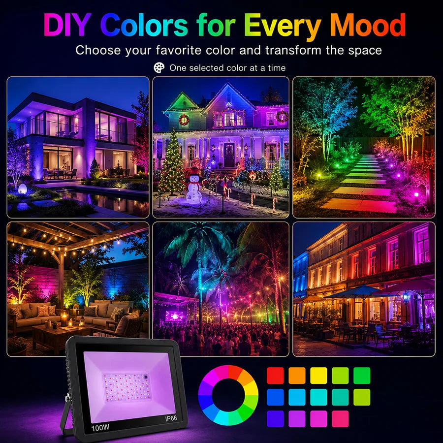 projecteur led rgb 100w ip66 waterproof modernes changement couleur modes dynamiques contrôle luminosité
